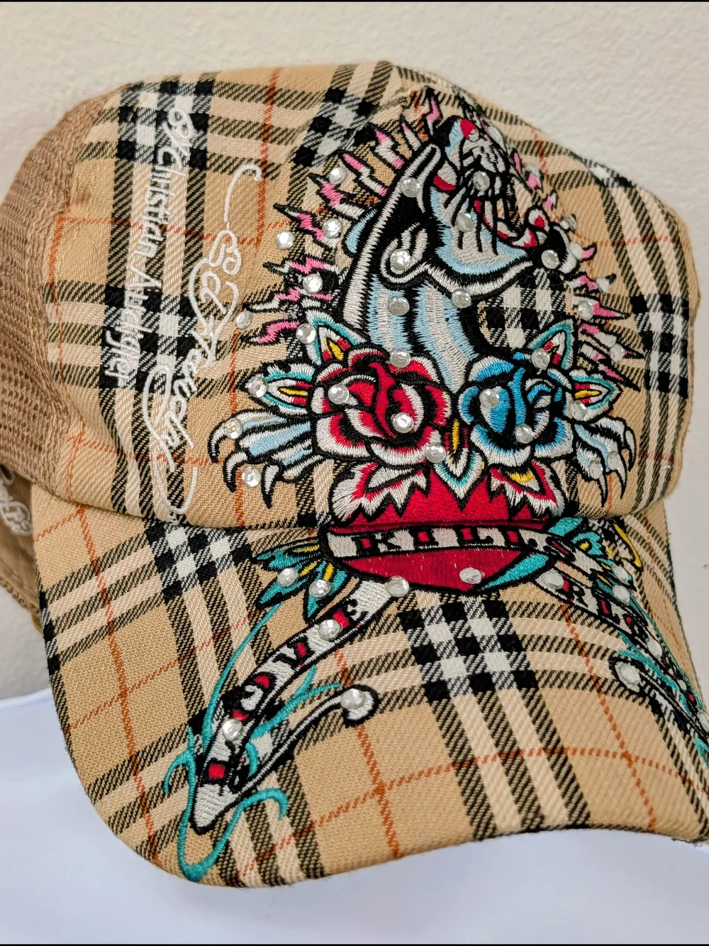 Ed Hardy Vintage Y2K Plaid Trucker Hat with Embroidered Skull and Roses